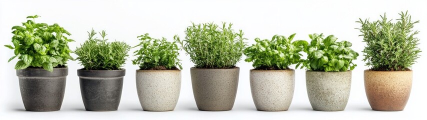 Fototapeta premium Herb Garden Display, vibrant green herbs in clay pots arranged neatly against a clean white backdrop, showcasing their freshness and natural beauty in a minimalist setting