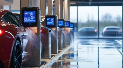 A high-tech express car wash with digital payment kiosks and real-time updates on the cleaning process, offering a fast and efficient wash for busy drivers.