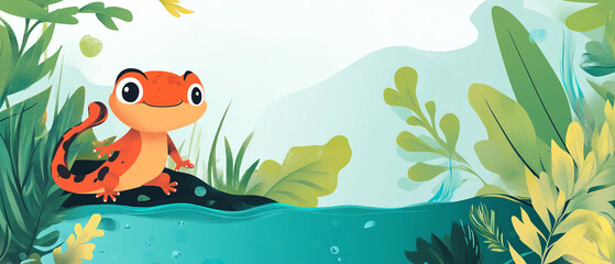 Obraz premium Belly Newt Playing In A Pond In A Cute Cartoon