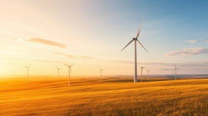 Scenic landscape featuring wind turbines under a vibrant sunset sky, symbolizing renewable energy and ecological sustainability.