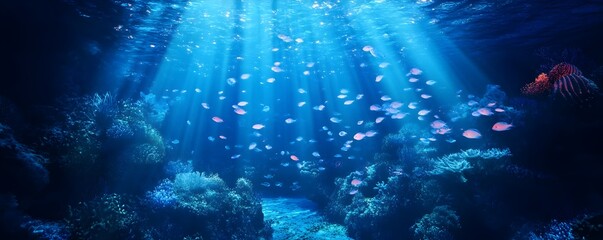 Obraz premium Mesmerizing Underwater Bioluminescent Seascape with Glowing Marine Life and Coral Reef