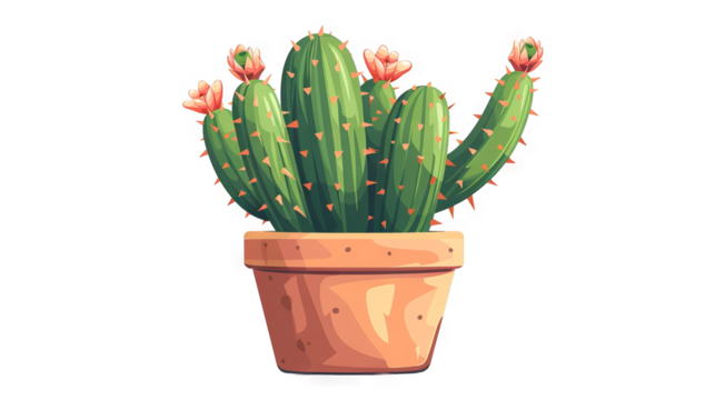 A vibrant green cactus plant in a terracotta pot, boasting beautiful pink flowers. It's a depiction of a desert plant, perfect for adding a touch of nature to any setting.