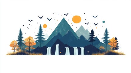 Serene landscape featuring mountains, waterfalls, and trees during a vibrant sunset in an artistic style