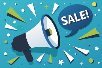 a megaphone with a speech bubble containing the word  SALE against a dynamic blue background with star and burst elements