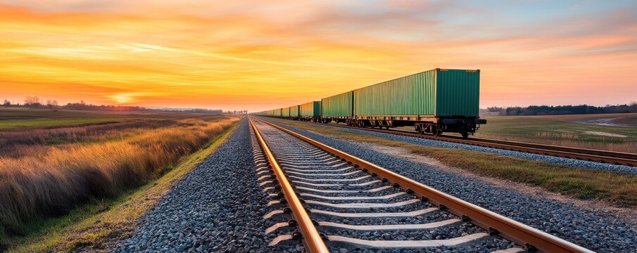 Sunset over a railway track with green freight cars, showcasing tranquility and beauty in transportation landscape.