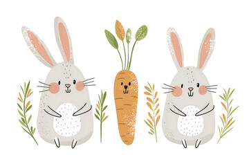 A cute cartoon rabbit holding a carrot, with a friendly expression. The rabbit has large ears and big eyes, giving it an adorable and playful appearance, perfect for children's illustration designs.