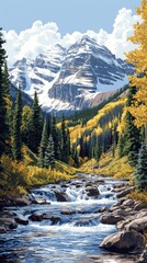 Obraz premium A vibrant autumn landscape featuring a flowing river beneath majestic mountains and colorful trees in a serene wilderness