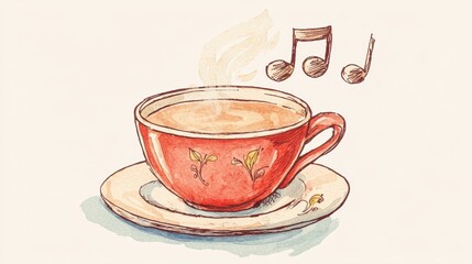 A charming red tea cup with steam rising and musical notes above, evoking a cozy atmosphere in a delightful setting.