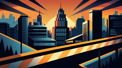 a vibrant, modern cityscape at sunset, featuring geometric buildings and dynamic lines, perfect for urban-themed projects