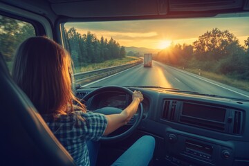 Fototapeta premium Happy Female Truck Driver on the Road at Sunset, Concept of Trucking, Delivery and Transportation.