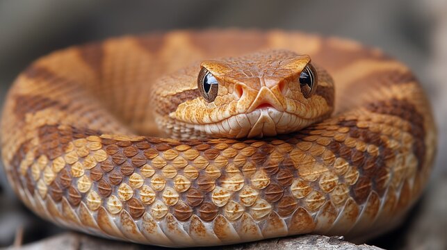 A close-up of the head and body of an entire copperhead snake