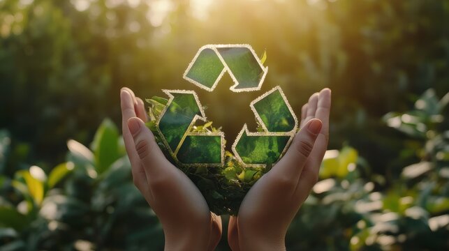 Hands Holding Green Recycle Symbol in Nature