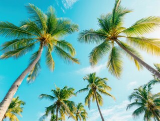 Vibrant palm trees against a clear blue sky, perfect for evoking tropical relaxation and summer vibes.