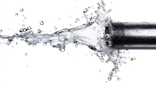 Leaking PVC pipe with clear water splashing out from a crack, focusing on the damage, set against a white background