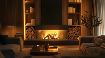 Living room featuring a stylish fireplace with neatly stacked wood, soft lighting, and comfortable furnishings for a cozy, modern look