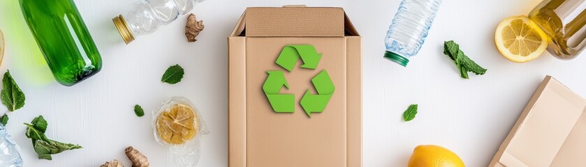 Recycle Symbol on Cardboard Box with Plastic Bottles and Lemon Slices