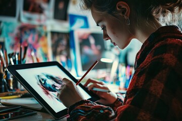A graphic design student specializes in producing high-quality digital art on a tablet, blending creativity with technical expertise.