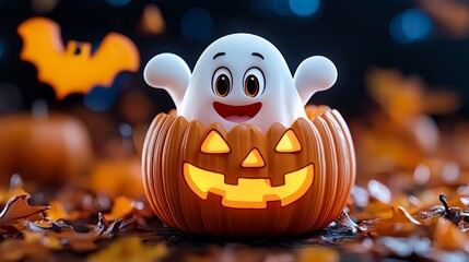 Naklejka premium Cute Ghost in Pumpkin for Halloween Celebrations