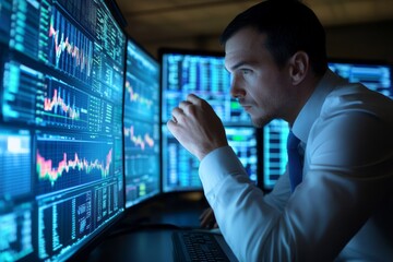 A businessman analyzing market trends on a state-of-the-art computer setup