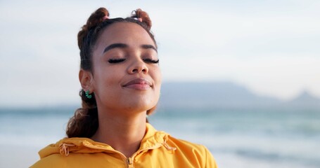 Woman, breathing air and ocean for peace, mindfulness and Brazil location for oxygen in...