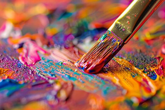 Close-Up of a Canvas Covered in Vibrant Paint with a Blurred Paintbrush in the Foreground &ndash; Capturing a Moment of Creative Inspiration for Art and Design Enthusiasts