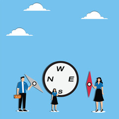 Setting team direction, collaboration for defining clear and specific path for project, establishing a shared vision concept, Business people assembling compass parts