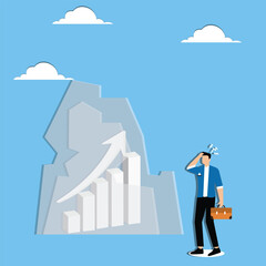 Obraz premium Economic slowdown or stagnation, declining consumer spending, paralysis of economic activity concept, Frustrated businessman with bargraph stuck in ice