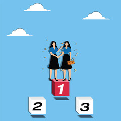 Win-win strategy, business mutual gain, negotiation to result positive outcome for all partners concept, Businesswomen handshaking on first place podium