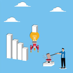 Idea to boost business sales, solution to problem reduced company revenue, effort to increase investment profit concept, Businessman lauching idea light bulb to push downtrend bar graph into sky