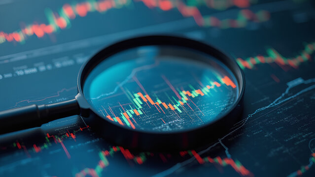 Magnifying glass over digital financial charts symbolizing data analysis and market research