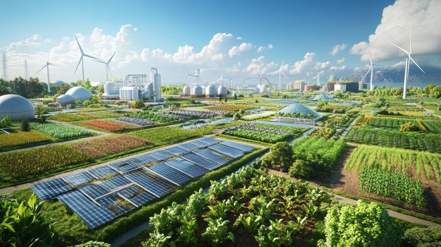 A large, eco-friendly infrastructure project involving sustainable farming and renewable energy sources