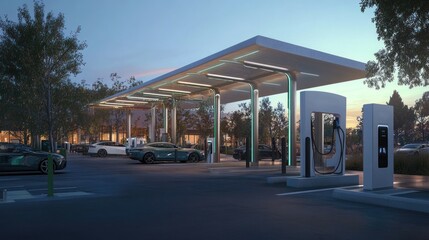 A large electric vehicle charging plaza with ultra-fast chargers, digital interfaces, and a streamlined design, providing a seamless charging experience for EV drivers.