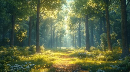 Obraz premium Lush forest path illuminated by sunlight and surrounded by greenery.