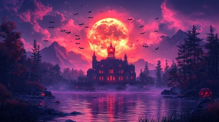 Mystical Castle Under a Blood Moon Night Sky