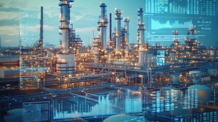 A large industrial complex with factories and warehouses, overlaid with digital graphs showing production output, energy consumption, and efficiency metrics displayed in real-time on a control screen.