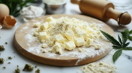 Ingredients for baking with butter and flour preparation.