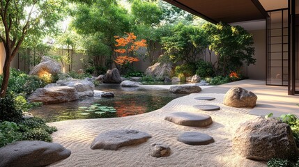 Serene garden with rocks, water, and lush greenery for relaxation.
