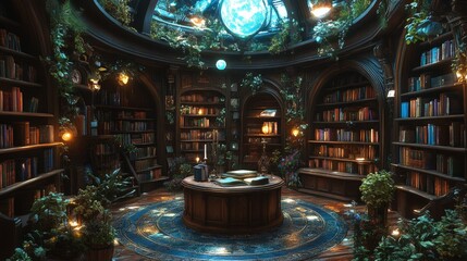 Obraz premium Hidden magical library, circular layout with enchanted plants growing between bookshelves, glowing orbs above a central reading table