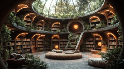 Hidden magical library, circular layout with enchanted plants growing between bookshelves, glowing orbs above a central reading table