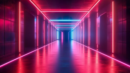 Bright neon lit hallway with sleek minimalist design and bold vibrant color accents for a contemporary feel.