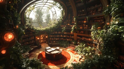 Hidden magical library, circular layout with enchanted plants growing between bookshelves, glowing orbs above a central reading table