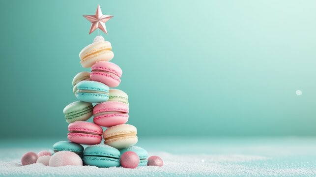 Sweet pastel Christmas tree made of macarons. Festive xmas and New Year holiday season creative candy land banner with teal background. Delicious trendy idea for party decoration or invitation card.