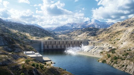 A large-scale hydroelectric plant located in a remote mountain valley, where water from a reservoir drives multiple turbines, providing clean energy for a distant city.