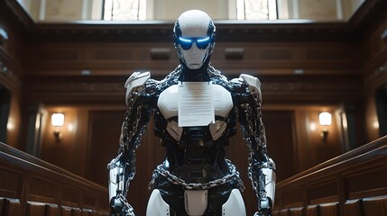 A futuristic humanoid robot encased in legal document chains, standing motionless in a dimly lit courtroom, the weight of law heavy on its shoulders
