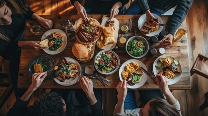 Top view of group of friends sitting at wooden table and eating healthy food, Brunch choice crowd dining food options eating concept, top view, AI Generated