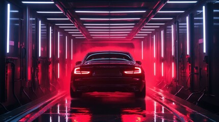 A luxury car being washed in a fully automated tunnel with soft brushes and LED lighting, providing an immersive and high-end car cleaning experience.