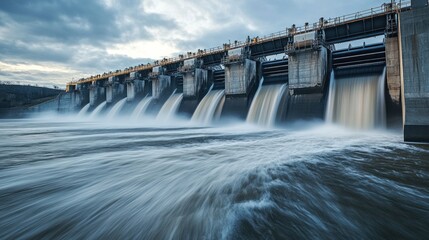 A long-exposure photograph of a hydroelectric dam, capturing water rushing through the sluice gate and showcasing the power of renewable energy generation.
