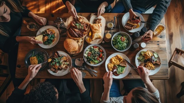 Top view of group of friends sitting at wooden table and eating healthy food, Brunch choice crowd dining food options eating concept, top view, AI Generated