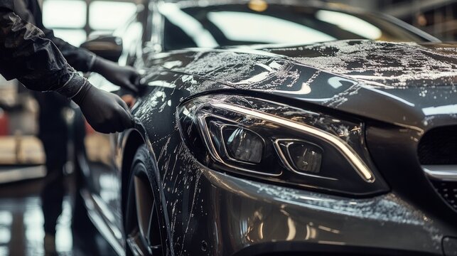 A luxury car wash service with a team of professionals hand washing and detailing cars, using premium wax and polishes for a perfect finish.