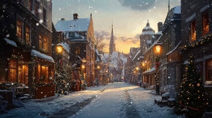 Fototapeta premium Weihnachtliche Lebkuchenszene im Schnee, Stadt